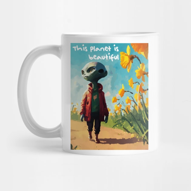 Alien walking through a vast field of yellow daffodils by Megadorim